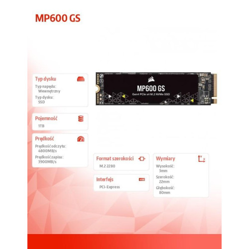 Dysk SSD 1TB MP600 GS 4800/3900 MB/s M.2 Gen4 PCIe x4 NVMe 1.4 -7909187