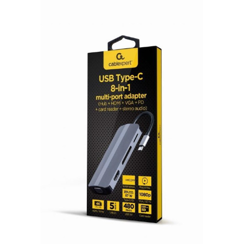 Adapter USB-C 8w1, HDMI, USB-C, PD, VGA, USB 3.1, 2.0, audio, czytnik kart-7910280