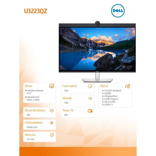 Monitor U3223QZ 31,5 cali IPS LED 4K 3840x2160/16:9/HDMI/2xDP/3xUSB-C/5xUSB/KVM/Kamera/Głośniki/Mikrofon/3Y AES&PPG -7911685