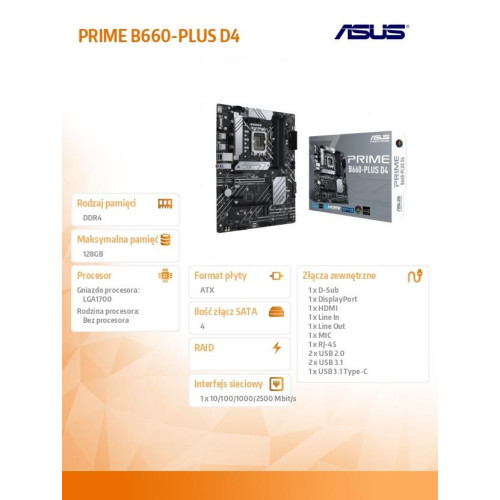 Płyta główna PRIME B660-PLUS D4 s1700 4DDR4 DP/HDMI M.2 ATX -8000235