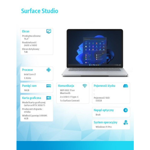Surface Laptop Studio Win11Pro i7-11370H/16GB/512GB/RTX3050Ti 4GB/14.4 cala Commercial Platinum ABR-00009 -8000335