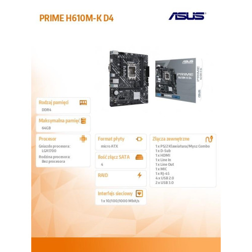 Płyta główna PRIME H610M-K D4 s1700 2DDR4 DP/HDMI M.2 mATX -8000347