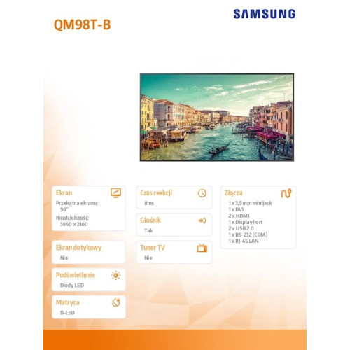 Monitor profesjonalny QM98T-B 98 cali Matowy 24h/7 500(cd/m2) 3840 x 2160 (UHD S6 Player (Tizen 4.0) Wi-Fi 3 lata d2d (LH98QMTBPGCXEN)-8000737