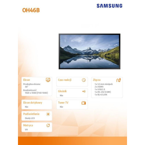 Monitor profesjonalny OM46B 46 cali Błyszczący 24h/7 4000(cd/m2) 1920 x 1080(FHD) Tizen 5.0 3 lata On-Site (LH46OMBE