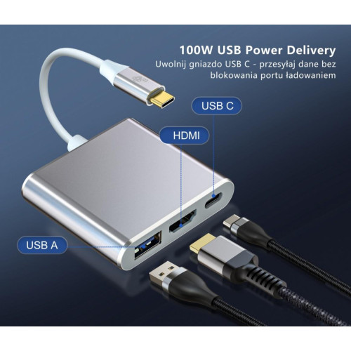 Adapter HUB USB C 3w1 - HDMI, USB, PD srebrny-8000956
