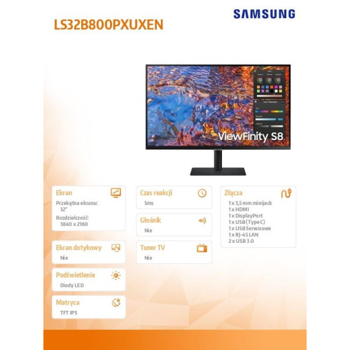 Monitor 32 cale ViewFinity S80PX IPS 3840x2160 UHD 16:9 1xHDMI 1xDP 1xUSB-C (90W) 3xUSB 3.0 LAN 5ms PinP/PbyP 60Hz HAS+P