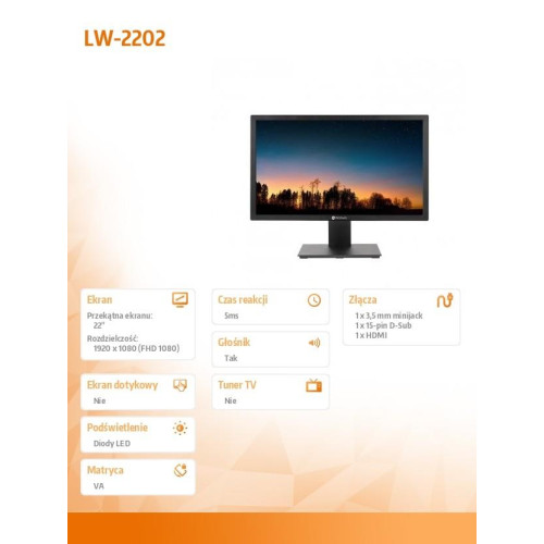 Monitor 22 cale LW-2202 HDMI, VGA, czarny-8001029