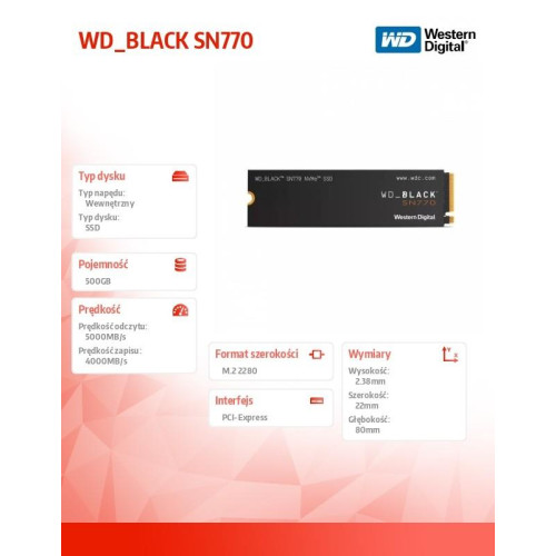 Dysk SSD WD Black 500GB SN770 NVMe 2280 M2 WDS500G3X0E-8001080