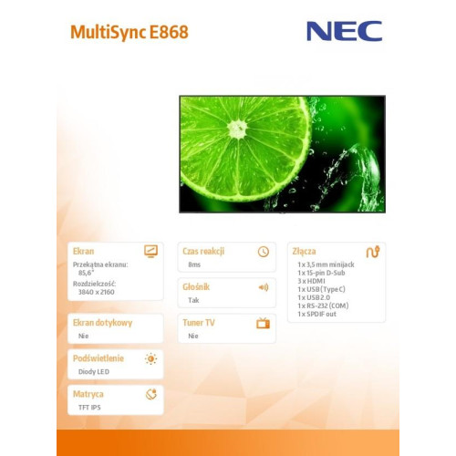 Monitor wielkoformatowy MultiSync E868 85.6 cala UHD 350cd/m2 18/7 -8001331