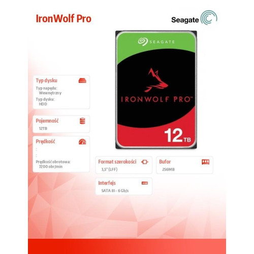 Dysk IronWolfPro12TB 3.5'' 256MB ST12000NT001 -8001348
