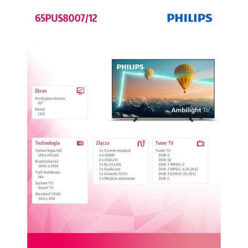 Telewizor 65 cali LED 65PUS8007/12 ANDROID AMBILIGHT-8001426