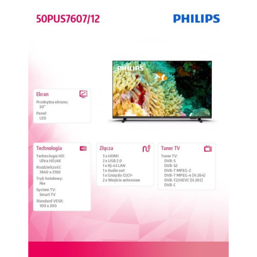 Telewizor LED 50 cali 50PUS7607/12 SMART-8001429