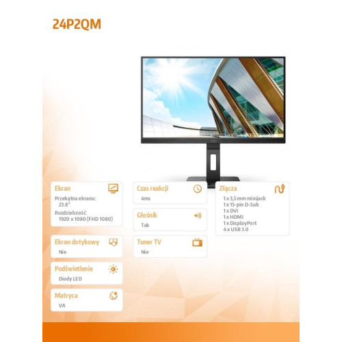 Monitor 24P2QM 23.8 cala VA 75 Hz HDMI DP DVI Pivot-8001743