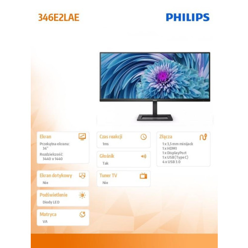 Monitor 34 cale 346E2LAE VA HDMI DP USB-C HAS Głośniki-8003773