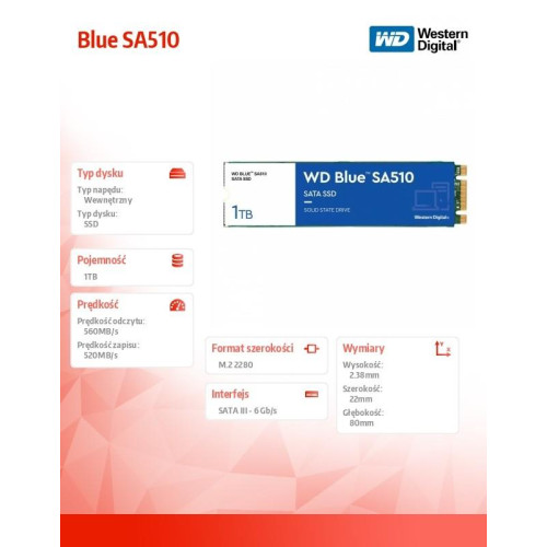 Dysk SSD Blue 1TB SA510 M.2 2280 WDS100T3B0B-8062348