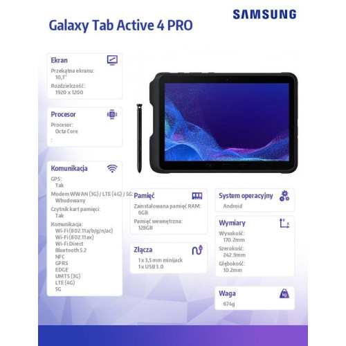 Tablet Galaxy Tab Active 4 PRO 5G 10.1 cali 6/128GB Enterprise Edition Czarny-8062574