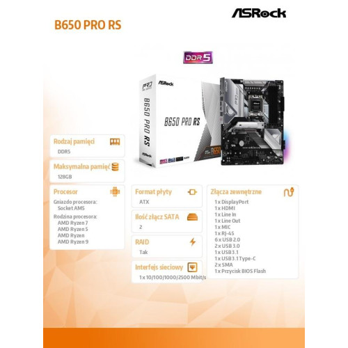 Płyta główna B650 PRO RS AM5 4DDR5 HDMI M.2 DP USB3.2 ATX -8062642