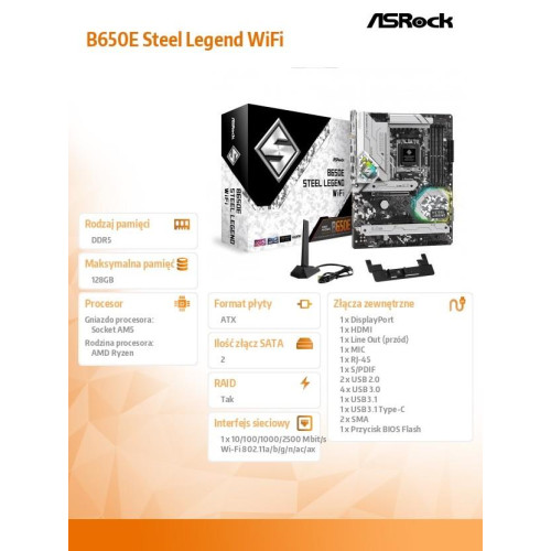 Płyta główna B650E STEEL LEGEND WIFI AM5 4DDR5 HDMI/DP M2 ATX -8062688