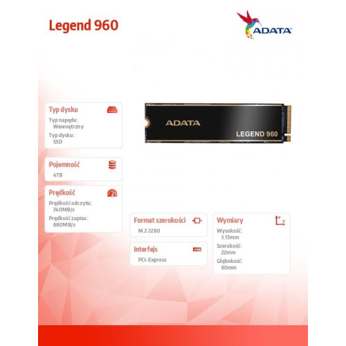 Dysk SSD Legend 960 4TB PCIe 4x4 7.4/6.6 GB/s M2-8062749