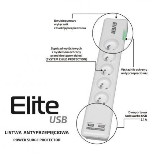 Listwa antyprzepięciowa ELITE USB 1.5m T/LZ11-ELI015/0000-815251