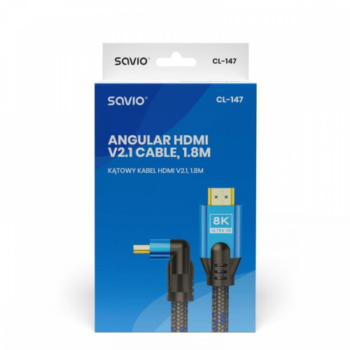 Kabel HDMI (M) v2.1, 1,8m, kątowy, 8K, miedź, niebiesko-czarny, złote końcówki, ethernet/3D, CL-147-8181237