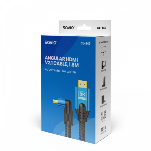 Kabel HDMI (M) v2.1, 1,8m, kątowy, 8K, miedź, niebiesko-czarny, złote końcówki, ethernet/3D, CL-147-8181238