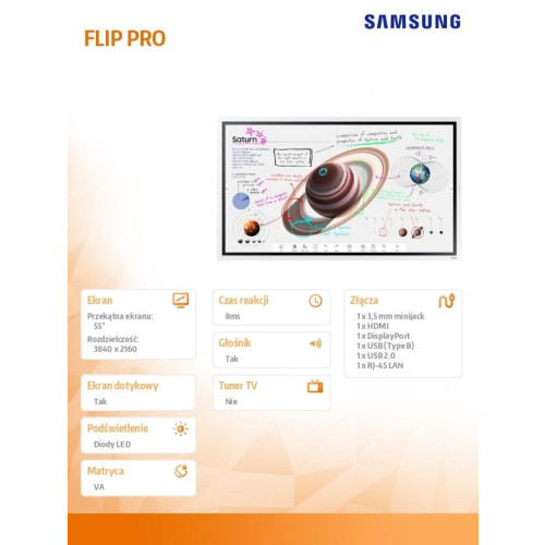 Monitor profesjonalny WM55B FLIP PRO 55 cali Dotykowy 16h/7 350(cd/m2) 3840x2160 (UHD) Flip App USB-C Wi-Fi/BT 3 lata O