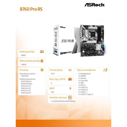 Płyta główna B760 Pro RS s1700 4DDR5 DP/HDMI/eDP M.2 ATX -8182302