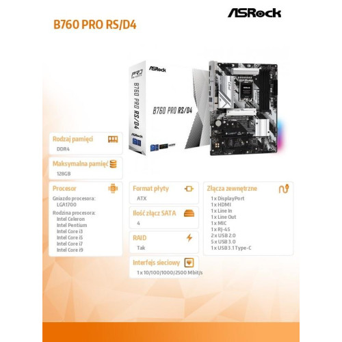 Płyta główna B760 Pro RS s1700 4DDR4 DP/HDM M.2 ATX -8182309