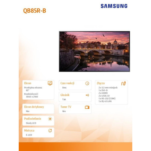 Monitor profesjonalny QB85R-B 85 cali Błyszczący 16h/7 350(cd/m2) 3840x2160 (UHD) S6 Player (Tizen 4.0) Wi-Fi 3 lata d2d (LH85QBRBDGCXEN)-8182450