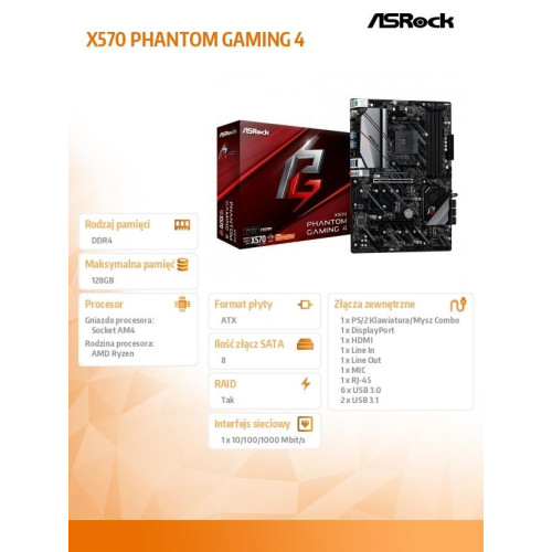 Płyta główna X570 Phantom Gaming 4 AM4 4DDR4 HDMI/DP M.2 ATX-827161