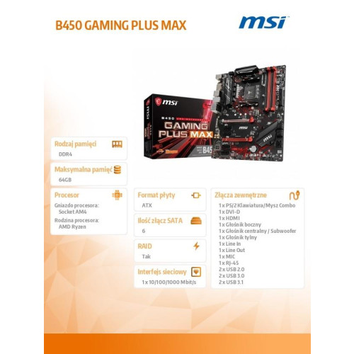 Płyta główna B450 GAMING PLUS MAX AM4 DDR4 HDMI/DVI/M.2 ATX-828459