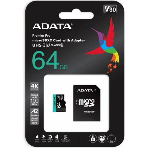 Karta pamięci z adapterem ADATA AUSDX64GUI3V30SA2-RA1 (64GB; Class 10, V30; + adapter)