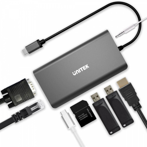 HUB 8-w-1 D1019A USB3.1 Typ-C + 2xUSB + HDMI + VGA + GIGA + SD-872488