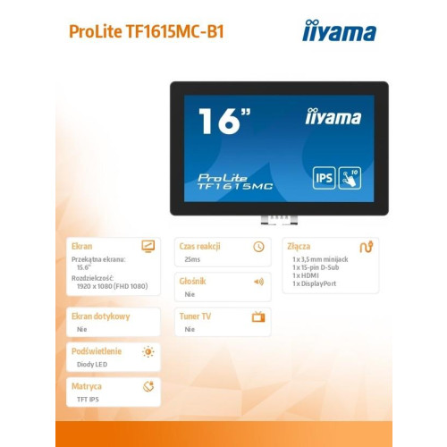 Monitor 15.6 cala TF1615MC-B1 IPS,pojemnościowa 10 punktów,450cd/m2,IP65,7H,HDMI,DP,VGA-8789326