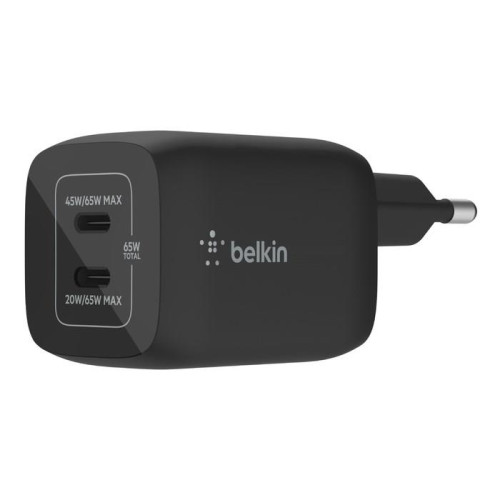 BELKIN WALL CHARGER DUAL USB-C PD 65W PPS GAN BLK-9013186