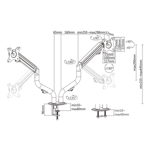 GEMBIRD BIURKOWE REGULOWANE RAMIĘ/UCHWYT NA 2 MONITORY 17-32, 100X100MM, DO 8 KG-9026859