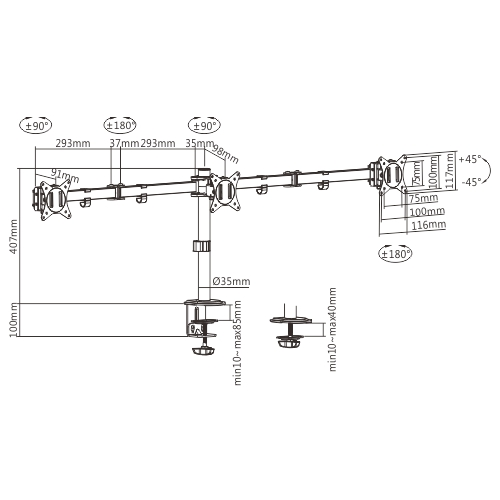 GEMBIRD BIURKOWE REGULOWANE RAMIĘ/UCHWYT NA 3 MONITORY 17-27, 100X100MM, DO 7KG-9030997