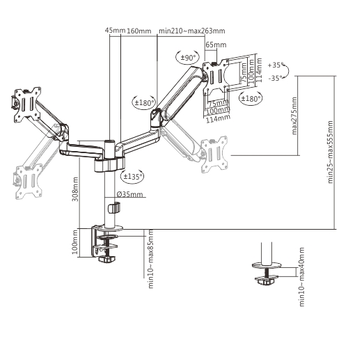 GEMBIRD BIURKOWE REGULOWANE RAMIĘ/UCHWYT NA 2 MONITORY 17-32, 100X100MM, DO 9 KG-9031003