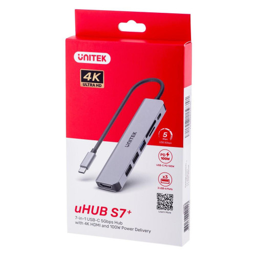 UNITEK HUB USB-C 7W1, HDMI 4K, PD 100W, 5GBPS, ALU-9124127