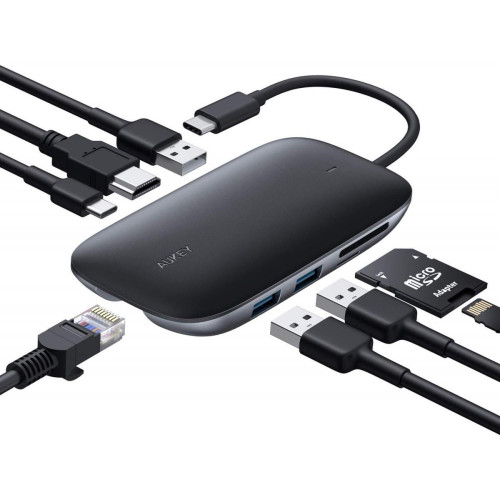CB-C71 aluminiowy HUB USB-C | 8w1 | RJ45 Ethernet 10/100/1000Mbps | 3xUSB 3.1 | HDMI 4k@30Hz | SD i microSD | USB-C Powe