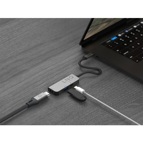 LINQ HUB USB-C ADAPTER 3IN1 USB-C (1X HDMI 2.0 4K/60HZ, 1X USB-A 3.2 GEN1, 1X USB-C PD 100W DO ZASILANIA),PLECIONY KABEL 12CM-9174025