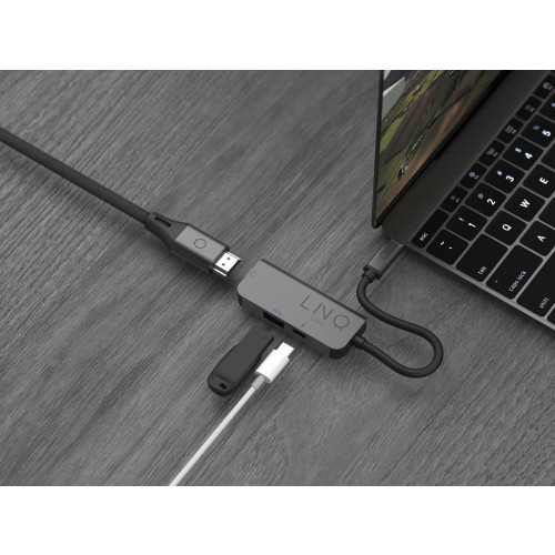 LINQ HUB USB-C ADAPTER 3IN1 USB-C (1X HDMI 2.0 4K/60HZ, 1X USB-A 3.2 GEN1, 1X USB-C PD 100W DO ZASILANIA),PLECIONY KABEL 12CM-9174027