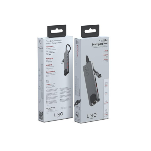 LINQ HUB USB-C 6IN1 PRO MULTIPORT (HDMI 2.0 4K/60HZ, USB-C PD 100 W DO ZASILANIA, USB-C 3.2, 2X USB-A 3.2, GBIT ETHERNET)-9174032