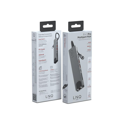 LINQ HUB USB-C 8IN1 PRO USB-C MULTIPORT HDMI 4K/60HZ,USB-C,USB-C PD3.0 100W DO ZASILANIA, 2XUSB-A,RJ45 1GBIT,SLOT SD,TF/MICRO-9174116
