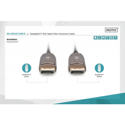 Kabel połączeniowy hybrydowy AOC DisplayPort 1.4 8K/60Hz UHD DP/DP M/M 20m Czarny-9194445