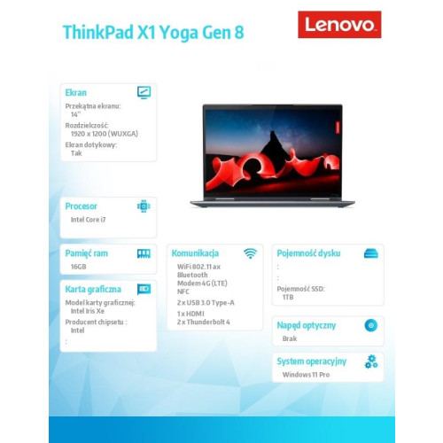 Ultrabook ThinkPad X1 Yoga G8 21HQ004SPB W11Pro i7-1355U/16GB/1TB/INT/LTE/14.0 WUXGA/Touch/Storm Grey/3YRS Premier Support + CO2 Offset -9199098