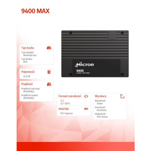 Dysk SSD 9400 MAX 12800GB NVMe U.3 15mm Single Pack-9199205