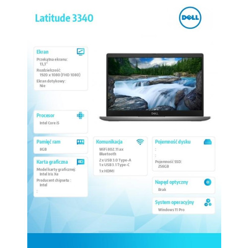Notebook Latitude 3340 Win11Pro i5-1335U/8GB/256GB SSD/13.3 FHD/Integrated/FgrPr/FHD Cam/Mic/WLAN + BT/Backlit Kb/3 Cell/3YPS-9200150