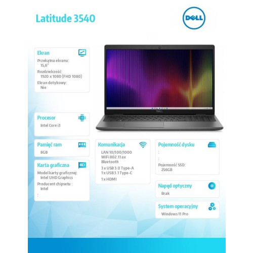 Notebook Latitude 3540 Win11Pro i3-1315U/8GB/256GB SSD/15.6 FHD/Integrated/FgrPr/FHD/IR Cam/Mic/WLAN + BT/Backlit Kb/3 Cell/ 3Y ProSupport-9200242